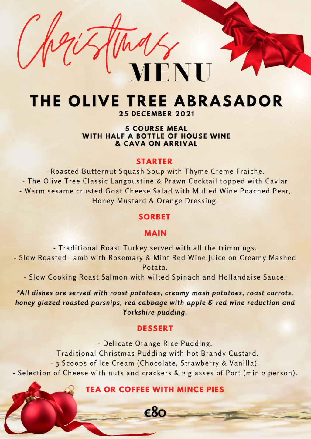 Christmas menu Restaurant The Olive Tree Moraira